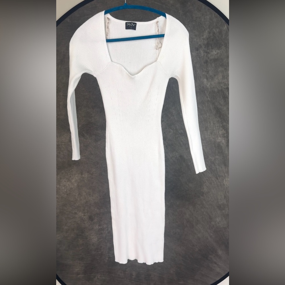 Jolie & Joy White Ribbed Bodycon Dress M | Sweetheart Neck Long Sleeve Midi - Picture 3 of 6